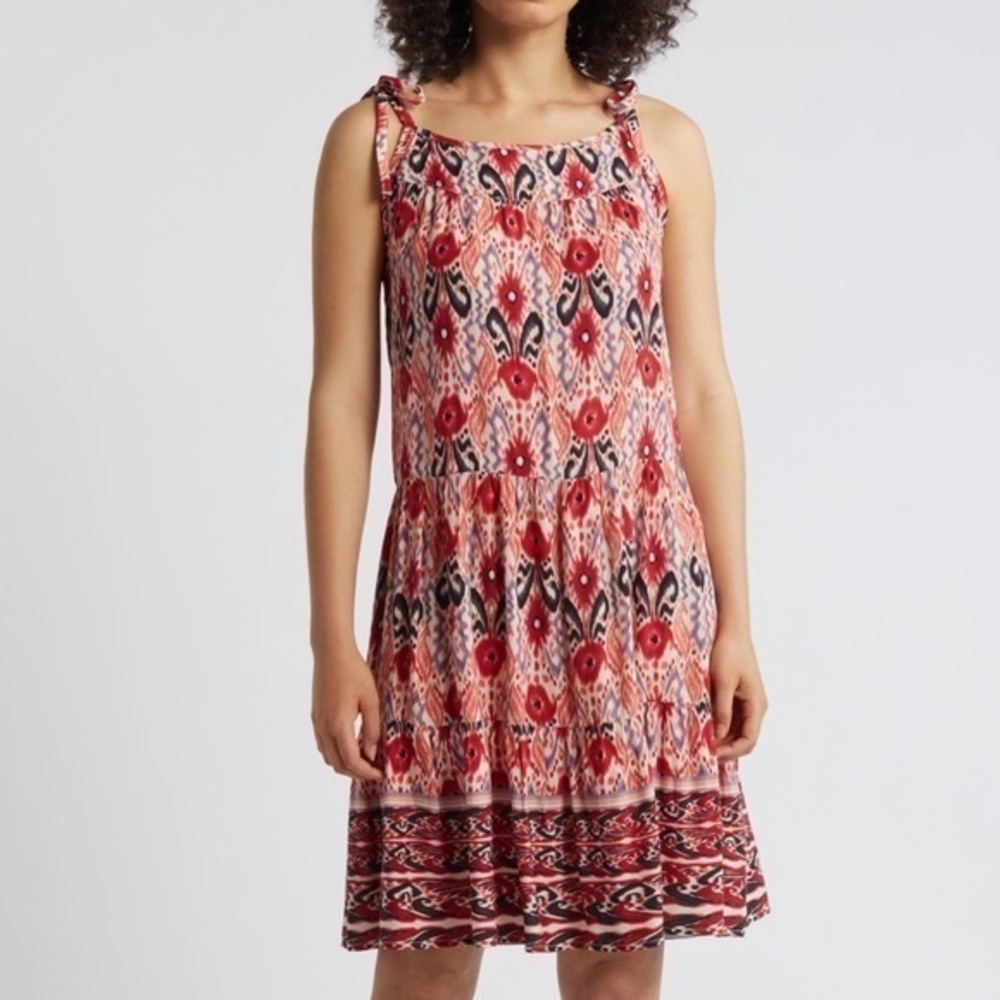 🆕beachlunchlounge Skylar Paisley Floral Sundress::Coral Red IKAT Pattern:NWT::